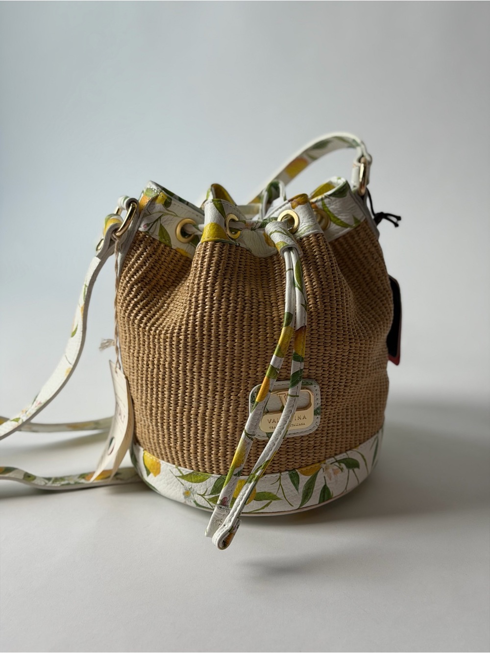 Valentina Natural Straw Bucket Bag with Lemon-Print Trim